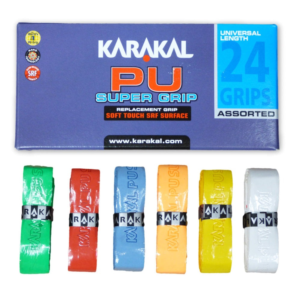 Karakal Supergrip Box 24 plain assorted racket sport grips in various colors, designed for improved grip and control.
