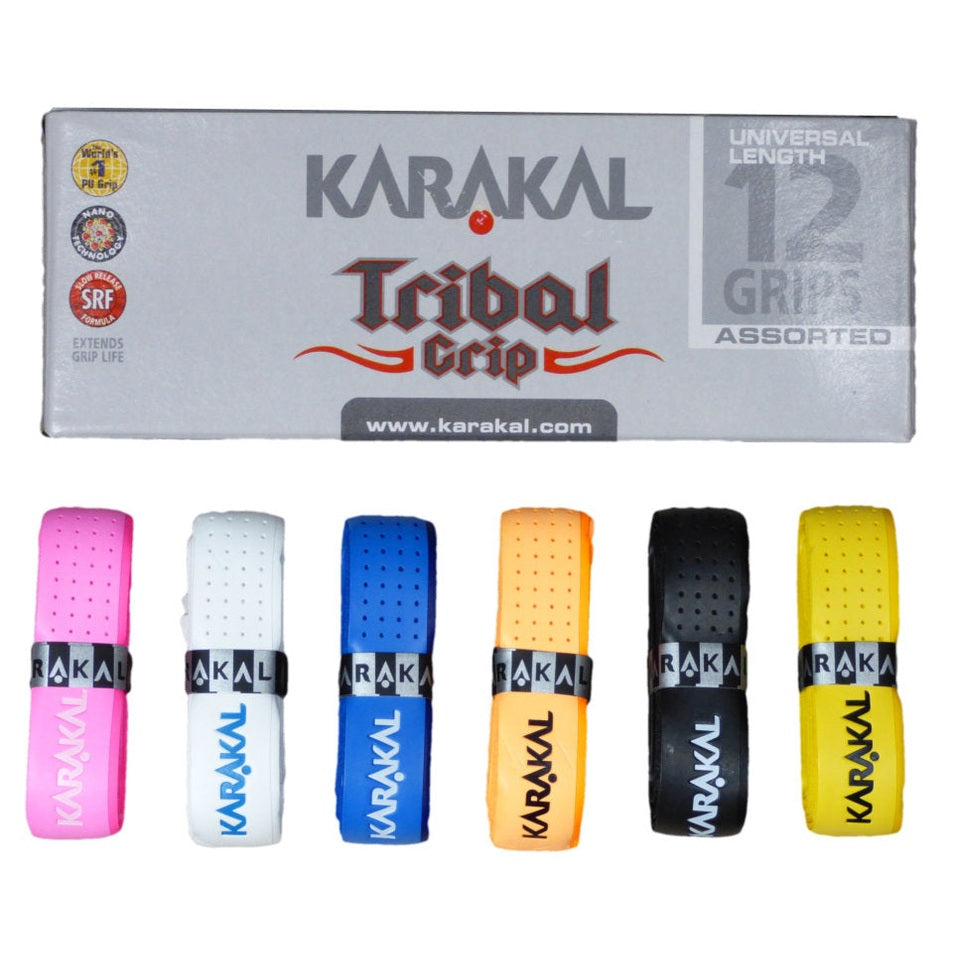 Karakal Tribal Grip for racket sports, shown in packaging, designed to enhance grip and control during gameplay.