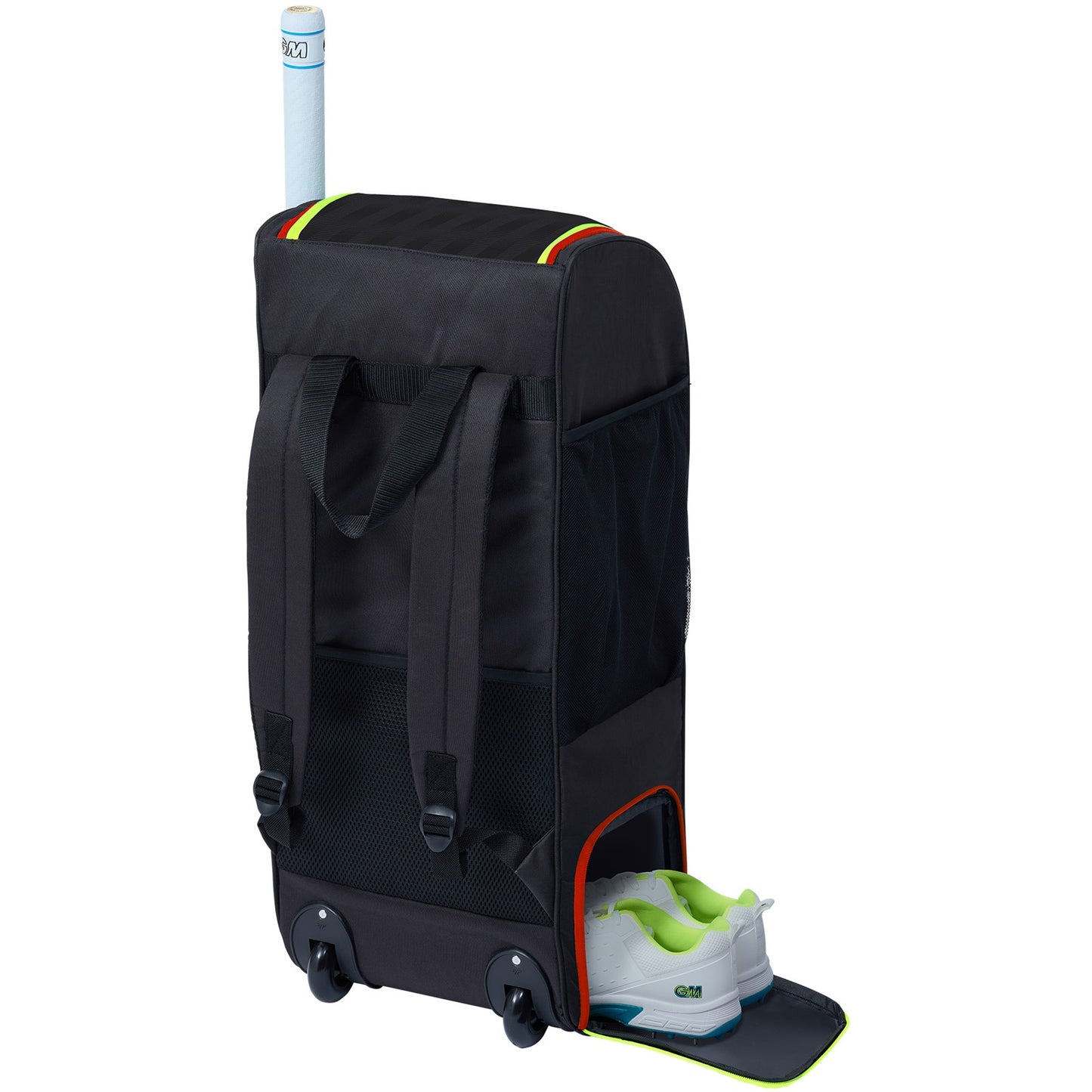 Black Gunn & Moore CRICKETGM Rival Wheelie Duffle bag with sturdy wheels and spacious main compartment for cricket gear storage.