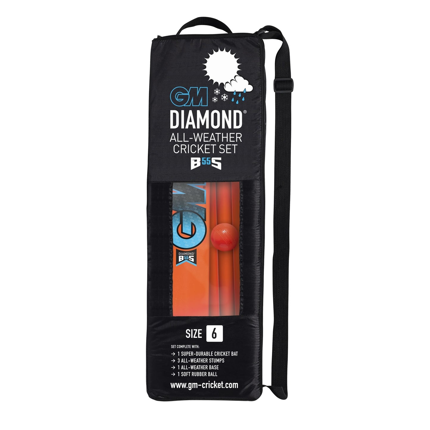 Gunn & Moore GM Diamond All-Weather Cricket Set size 6 with cricket bat, ball, and protective gear on a sports field.