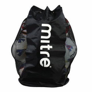 Mitre H2423 mesh football ball sack with black straps and mesh design for easy carrying and storage.
