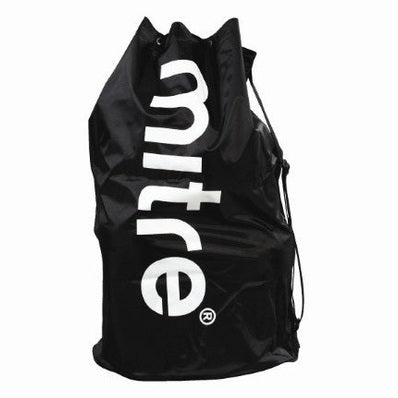 Mitre H6028 nylon football with white and black panels, featuring a 12-panel design and ball sack for secure handling.