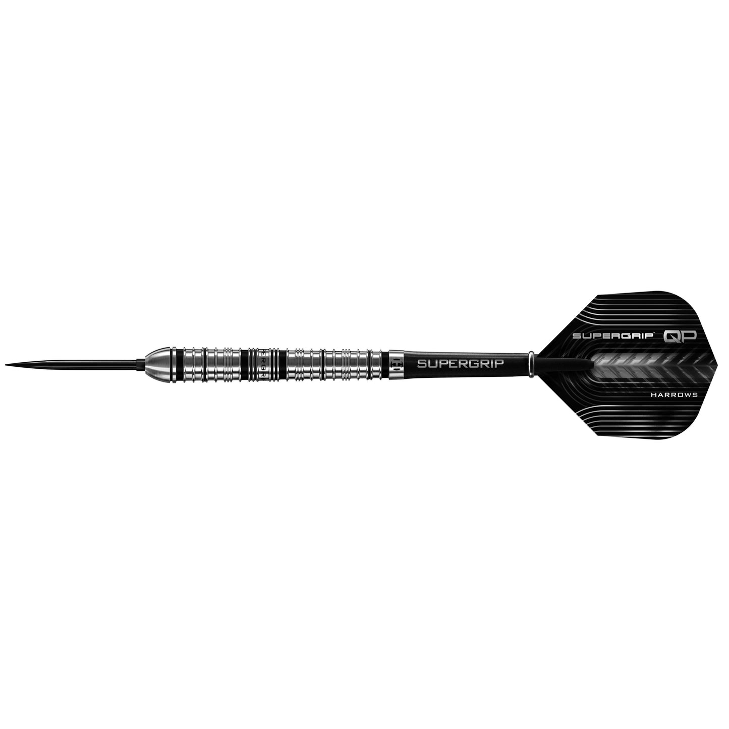 Harrows Tungsten QP Tapered Darts 90% with black and silver tapered barrel and pointed tips, designed for precision gameplay.