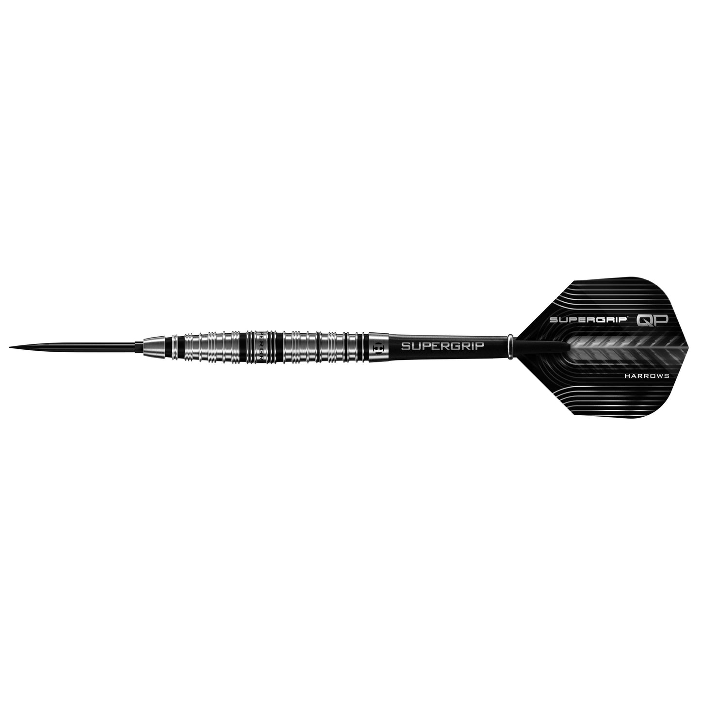 Harrows Tungsten QP Torpedo Darts with 90% tungsten, featuring sleek black and silver design, standard dart shape, in a close-up shot.