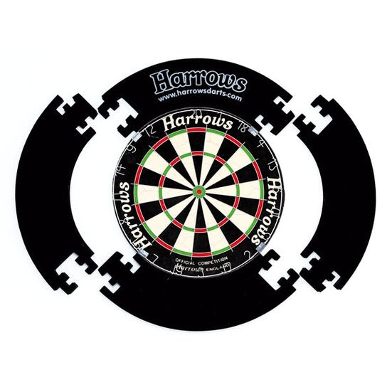 Harrows 4-piece dartboard surround for darts, black foam padding, designed to protect walls during gameplay.