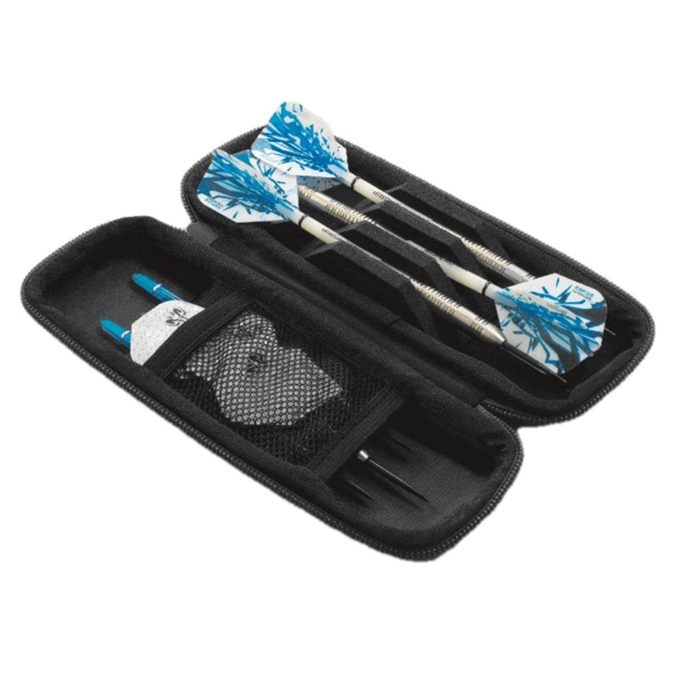 Harrows Blaze Black/Black darts case with multiple compartments for storing darts and accessories.