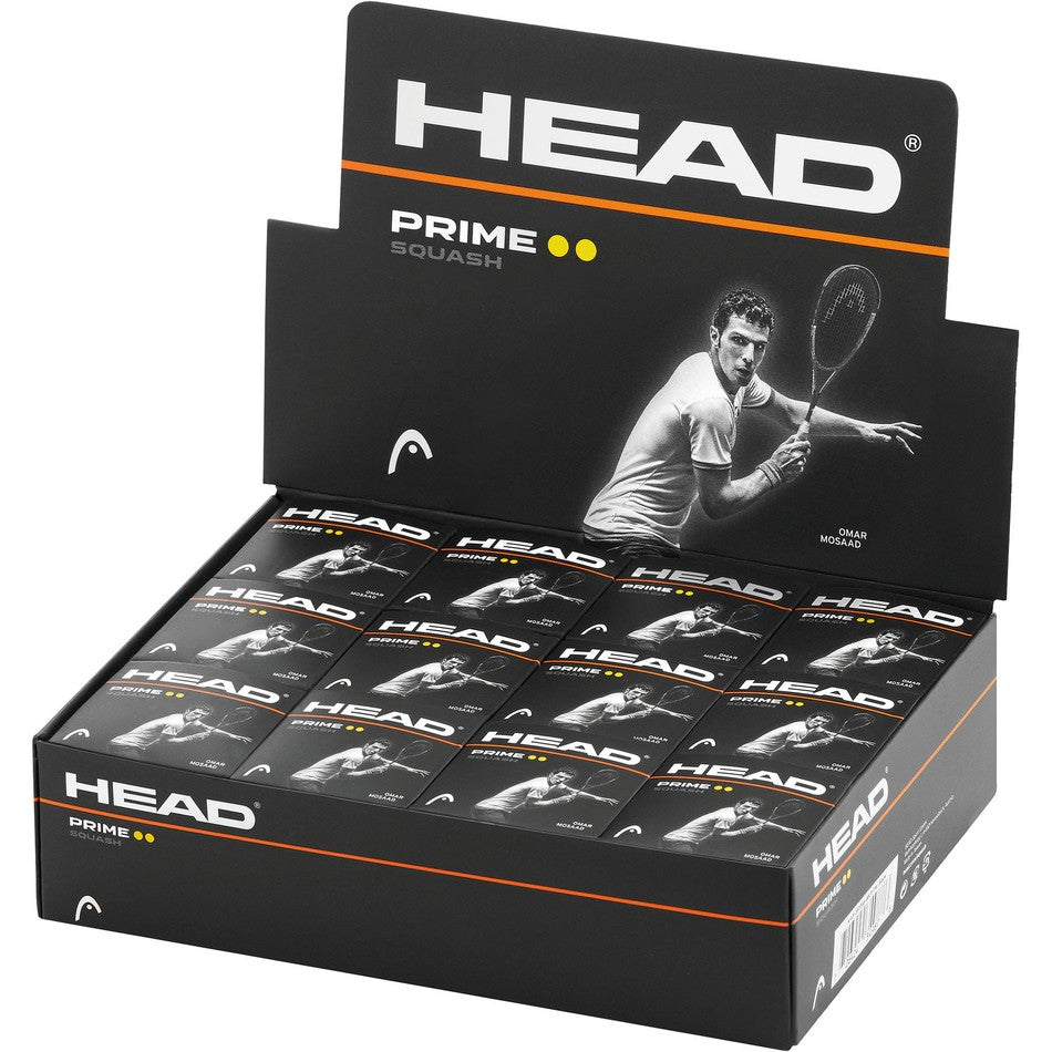 Head Prime Squash Balls Double Yellow Dot in a box of 12, sporting goods for squash game, with bright yellow labels and packaging