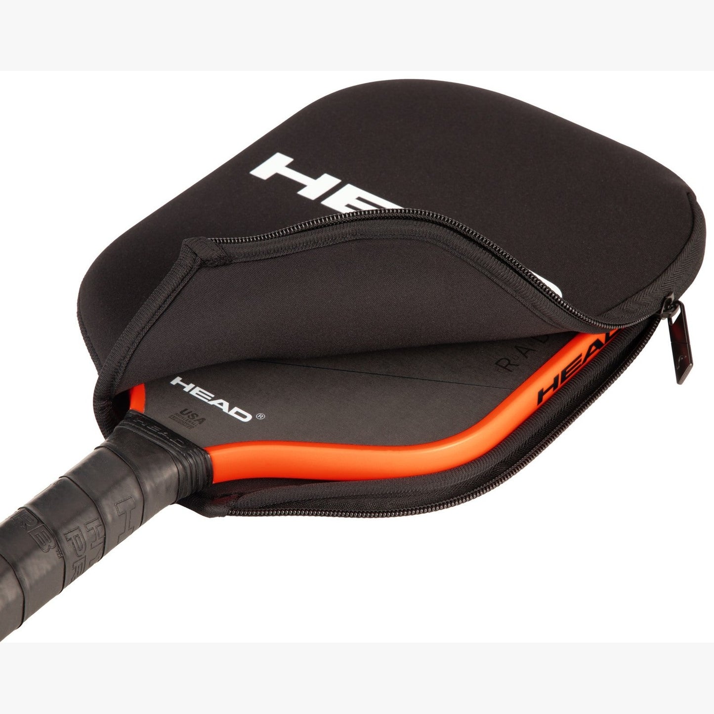 Head pickleball paddle coverbag with zippered design, protective padding, and branding for secure storage of pickleball paddles.