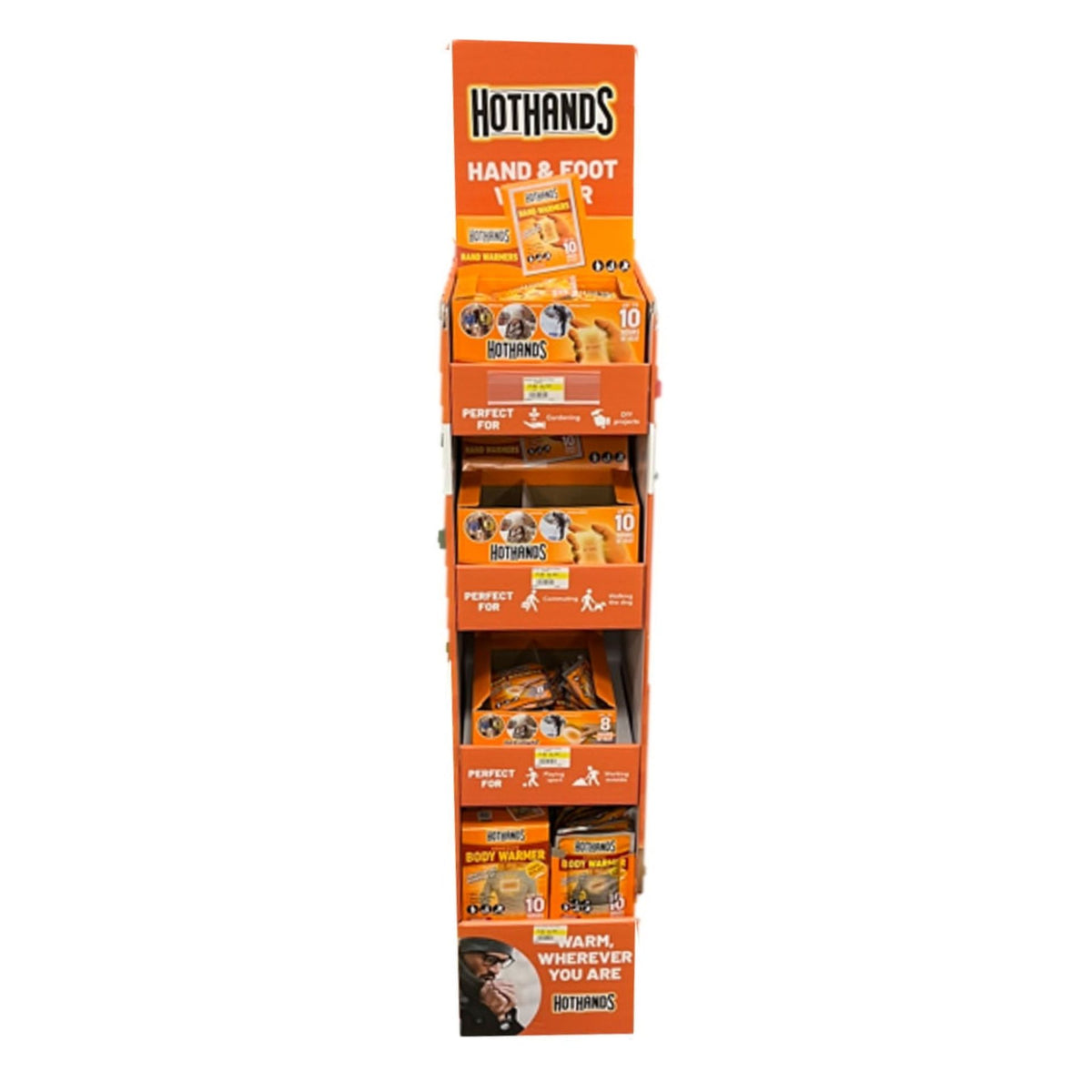 HotHands Slimline FSDU hand warmer display for sporting goods, featuring multiple warmers in a retail display setup