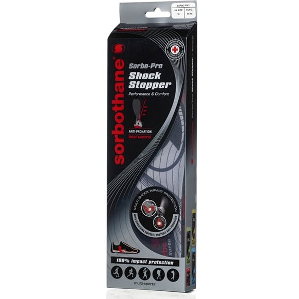 Sorbothane Sorbothaneo Pro insoles for cushioning and shock absorption, shown in the image with a focus on their ergonomic design.