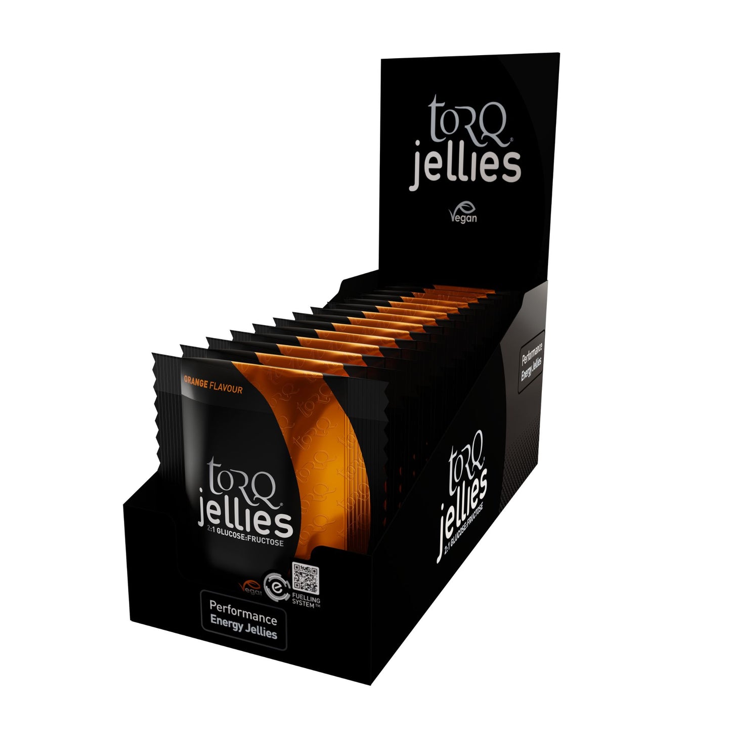 Box of 15 Torq Energy Jellies for sports nutrition, featuring small, portable jelly packets with colorful branding and flavor labels.