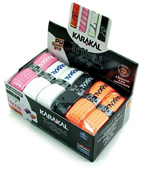 Karakal Tribal Grip pack of 12 sports grips for tennis and badminton rackets, featuring tribal design for improved grip.