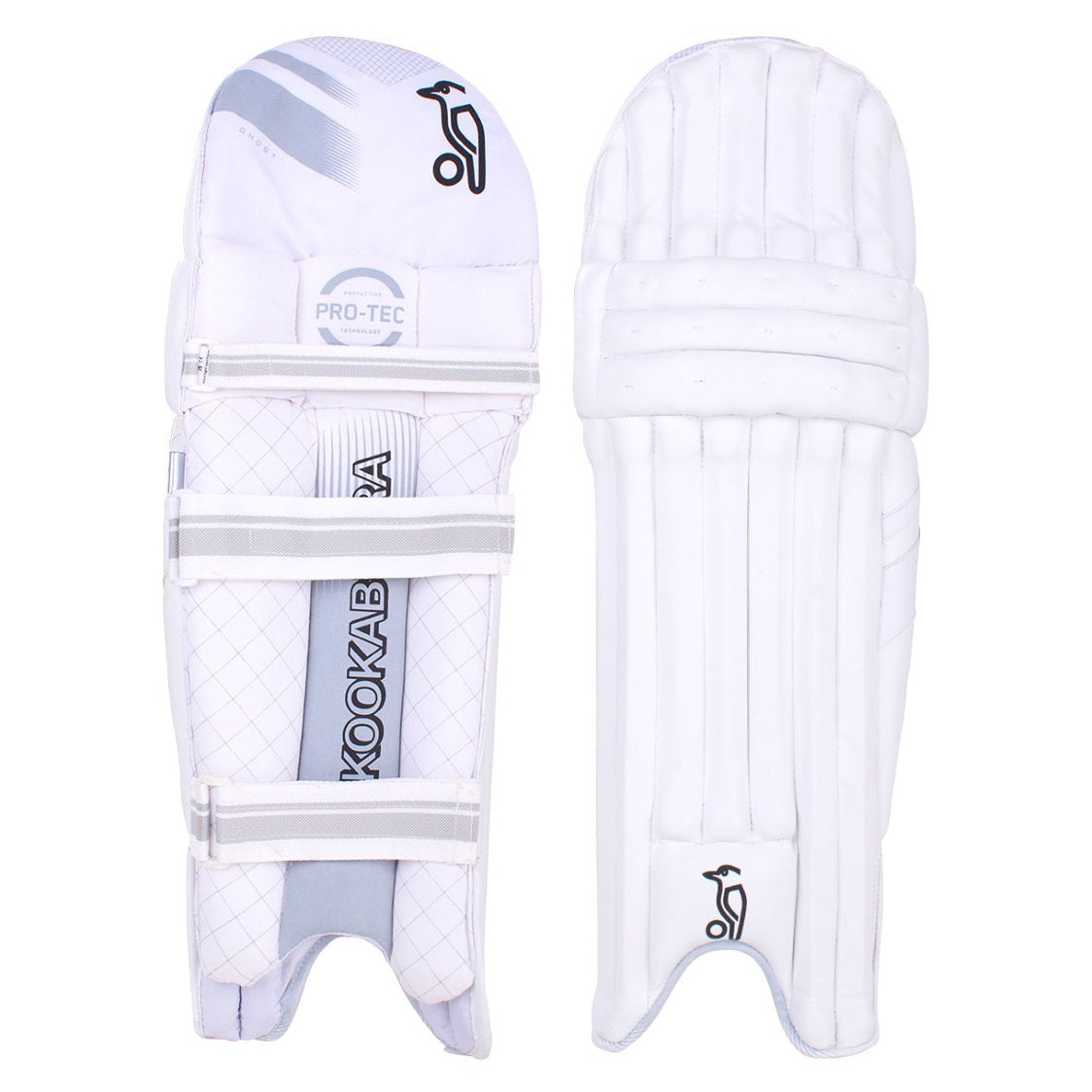 Kookaburra Ghost 5.1 cricket batting pads with white and black design, padded leg guards for cricket protection.