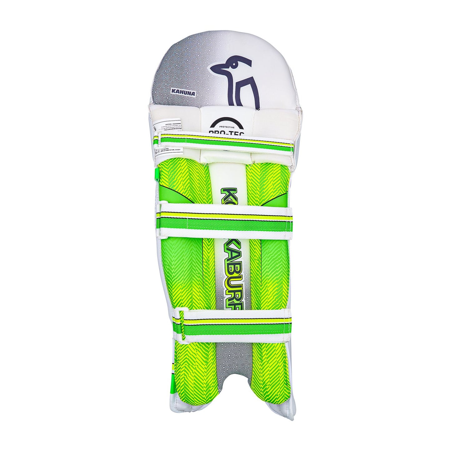 Kookaburra Kahuna cricket batting pads in black and white with padding and straps, designed for cricket players.