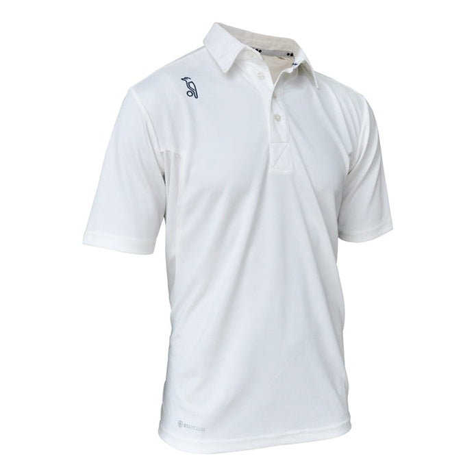 Kookaburra Pro Players cricket shirt, navy with white accents, featuring the Kookaburra logo and breathable fabric for cricket players.