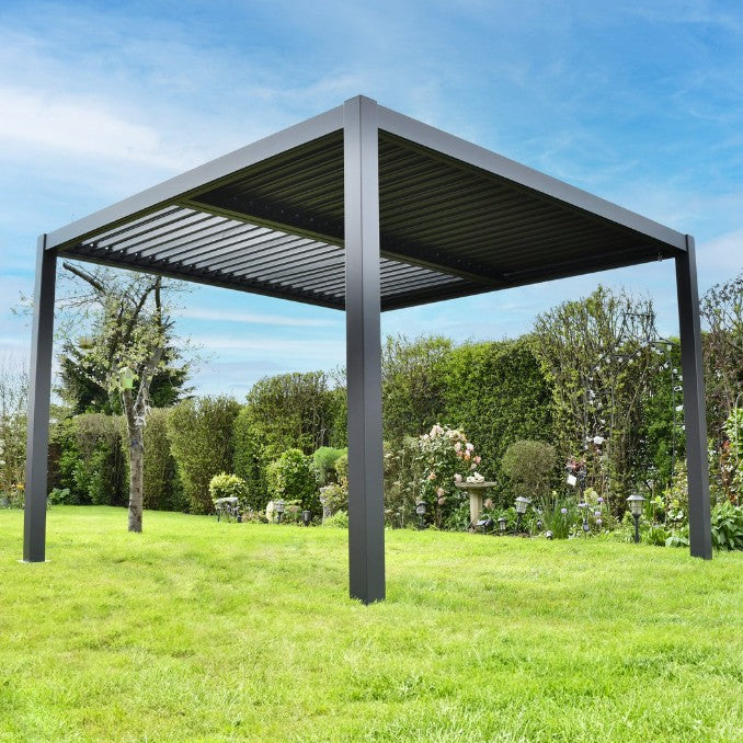SAC aluminum Louvre pergola with adjustable slats, 4x3 meters, outdoor shading structure for patio or garden.