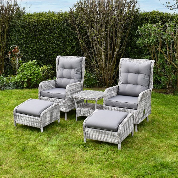 SAC LUX Alloy and PE Rattan 5-piece patio set with woven rattan chairs and a matching rectangular table for outdoor seating.