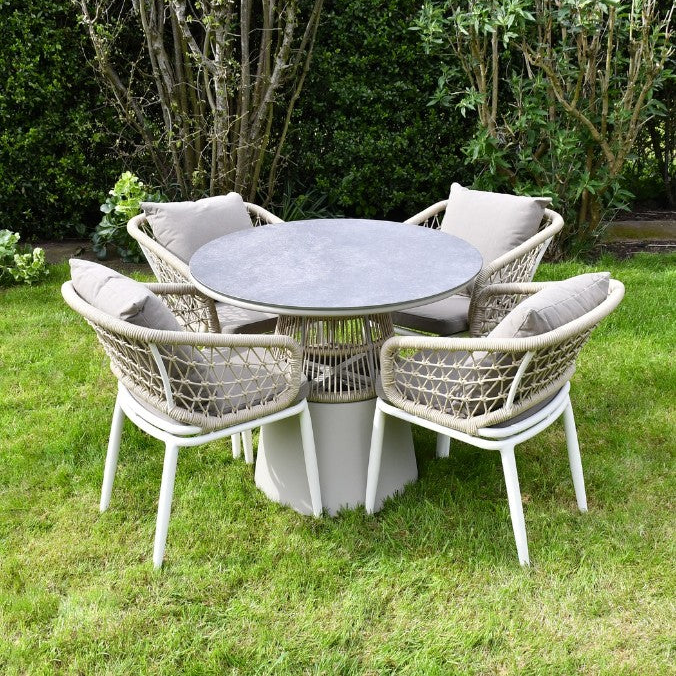 SAC Deluxe Rope 4 chairs and round table set for outdoor sporting or patio use, featuring woven rope design and sturdy construction.