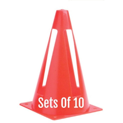 Set of 10 collapsible football cones by Cartasport, flexible and bright orange for sports drills and agility training.