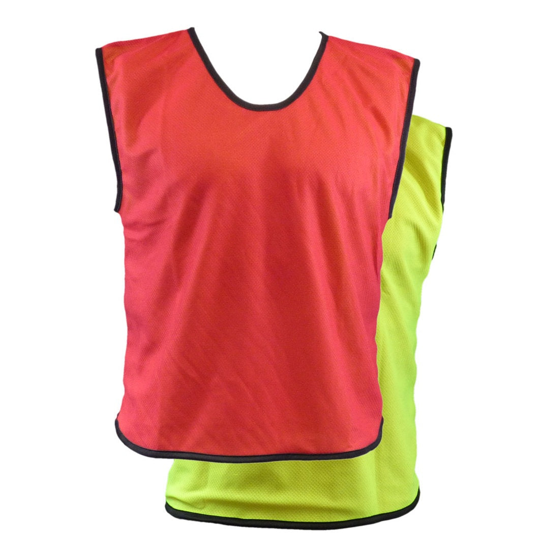 Reversable football bib by Cartasport with bright colors, showcasing its two-sided design and adjustable straps for sports teams.