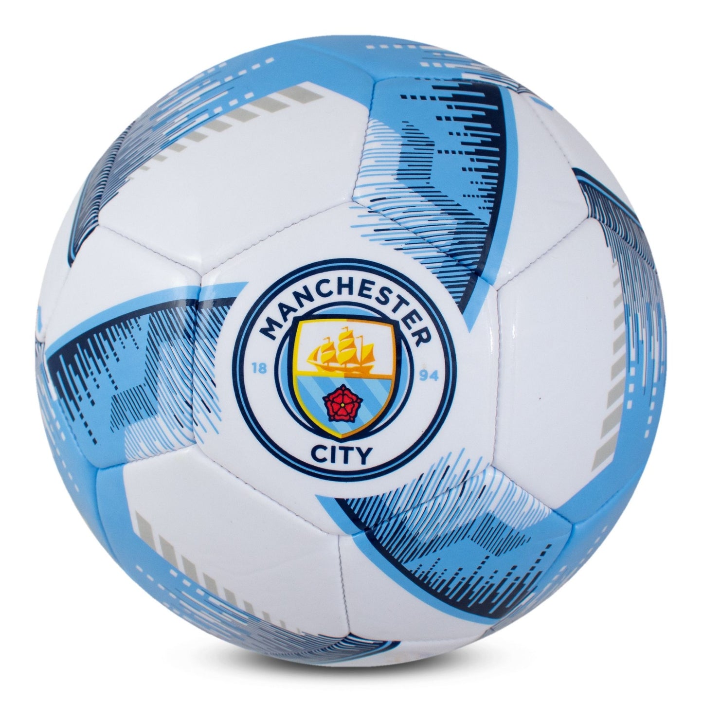 Team Merchandise Blitz football for sporting goods, showing a close-up of the branded football with team logo and detailed stitching.