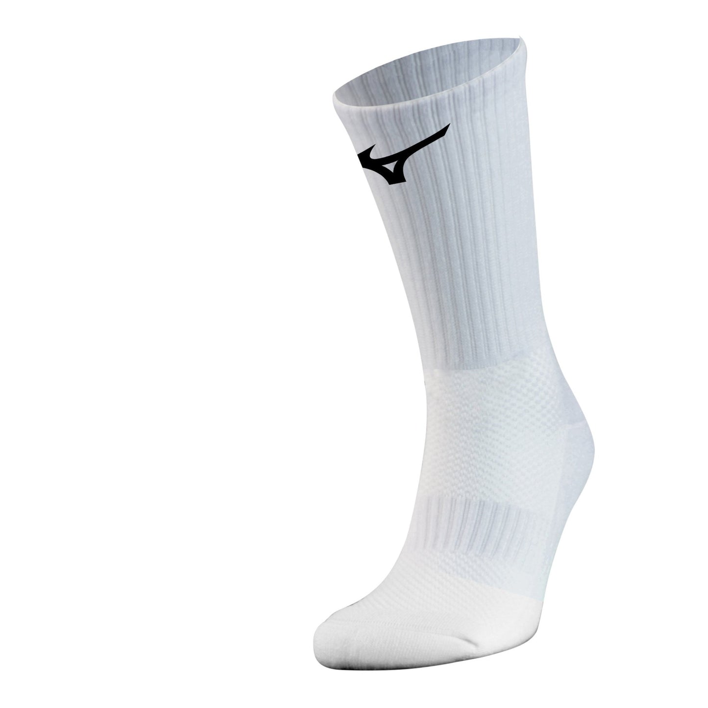 Pair of Mizuno Crew Socks, breathable sports accessories in white with Mizuno branding, designed for comfort and athletic activity.