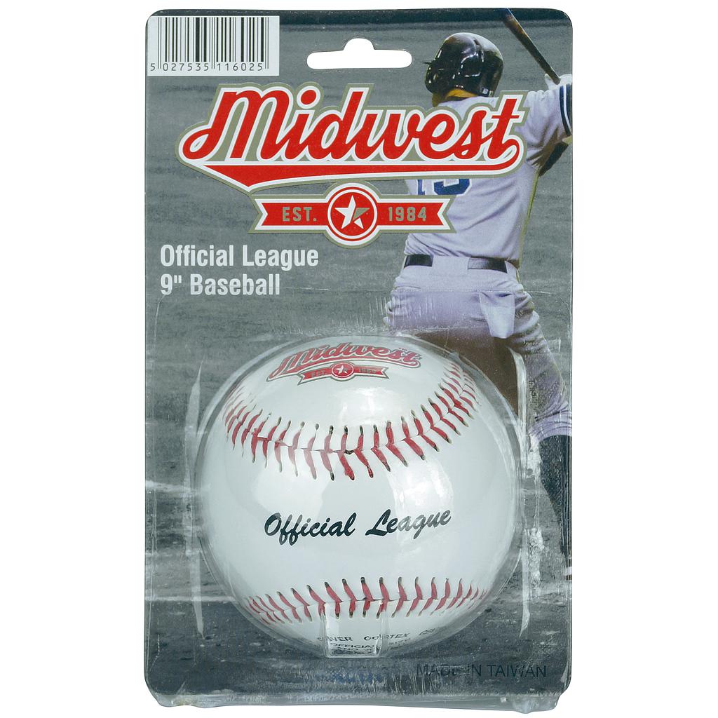 Midwest Official League Baseball 9-inch recreational baseball with white leather cover and red stitching, suitable for casual play.