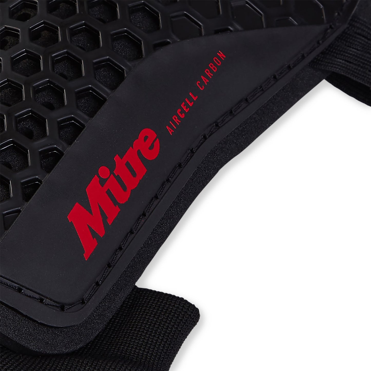 Mitre Aircell Carbon Mitre football shinpad with ankle guard, lightweight and protective for football players.
