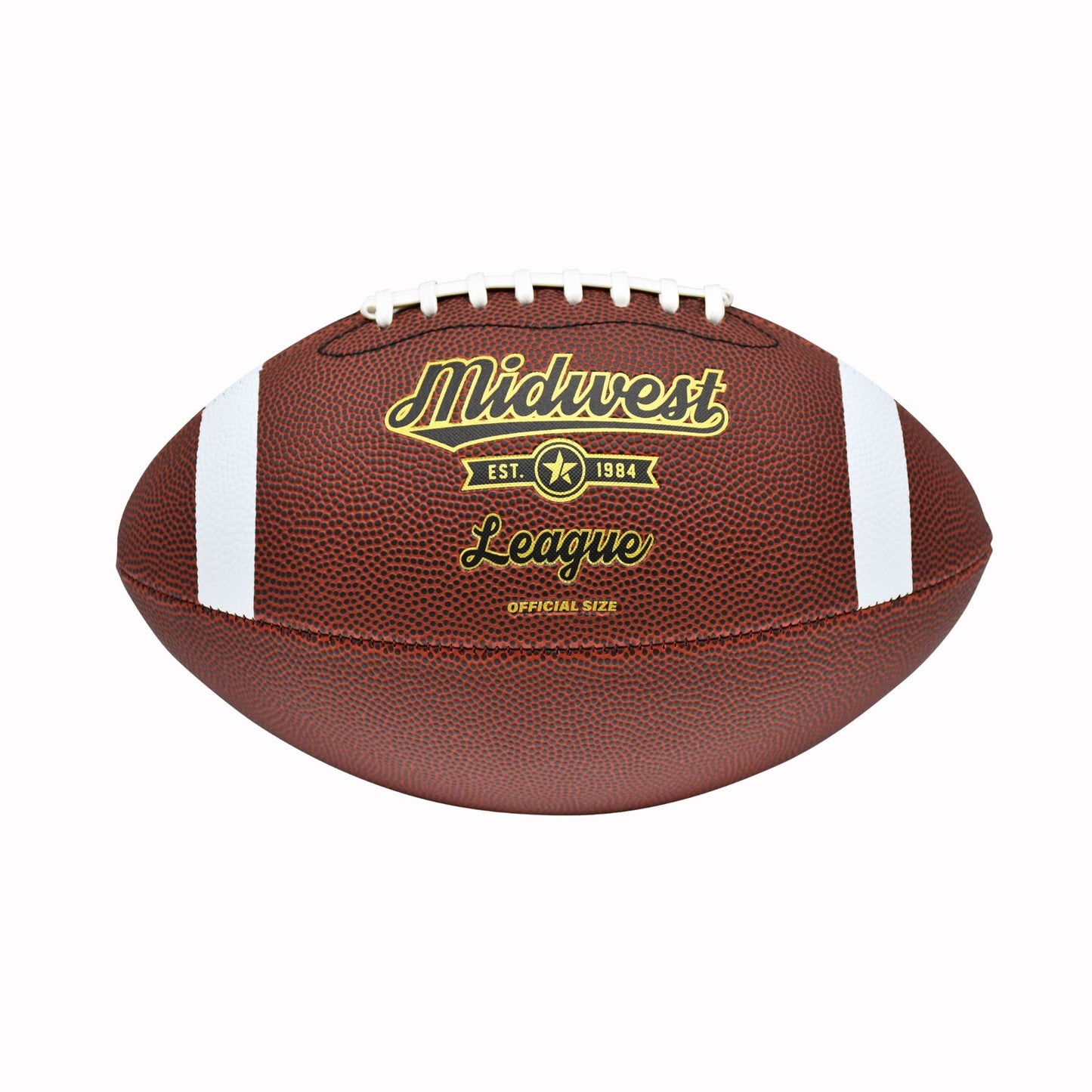 Midwest League American football from Midwest Sporting Goods, featuring a brown leather ball with white laces and logo.