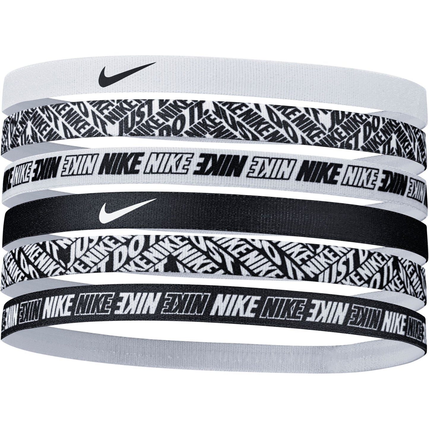Six Nike printed sports sweatbands in various colors, designed for athletic use and active wear.