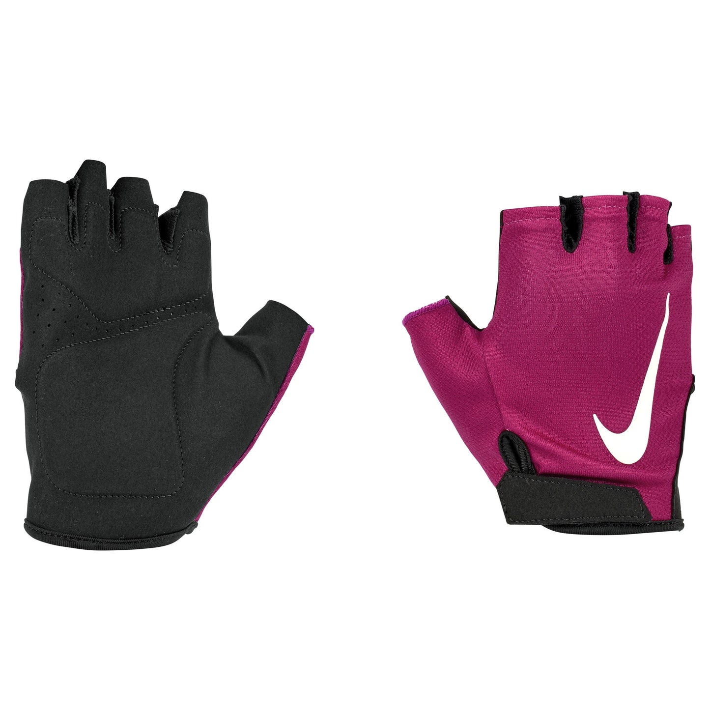Nike Women's Gym Essential Fitness Gloves 2.0, black training gloves with padded palms and adjustable wrist straps for workout support.