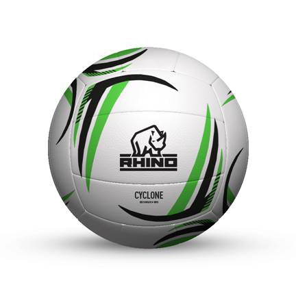 Rhino Cyclone netball with orange and black design, sporting goods for indoor and outdoor play, featuring the Rhino brand logo.