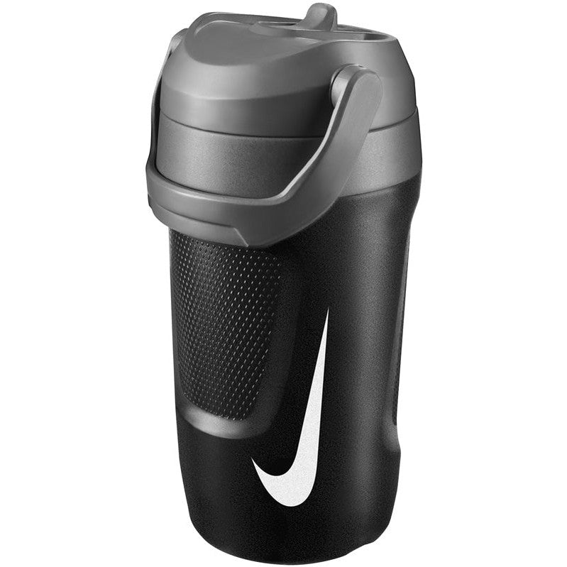 Nike Fuel Jug 64oz hydration bottle in black with a wide mouth and sturdy handle for easy carrying and refilling.