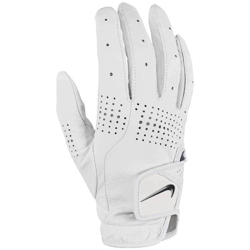 Nike Golf Women's White Tour Classic glove for right hand, showing the soft leather exterior and grip-enhancing design.