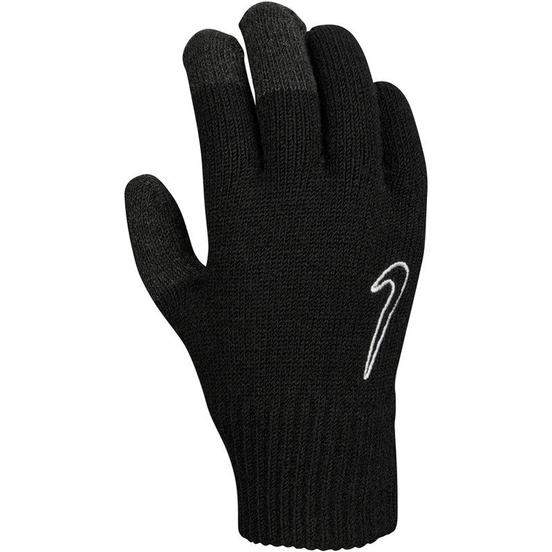 Nike youth knitted winter gloves with touchscreen fingertips, featuring grip palms and textured knit for warmth and style.
