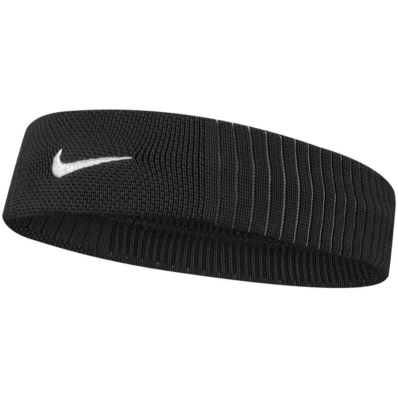 Nike Dry Reveal headband, moisture-absorbing and reversible, shown in black and white with Nike logo on fabric.