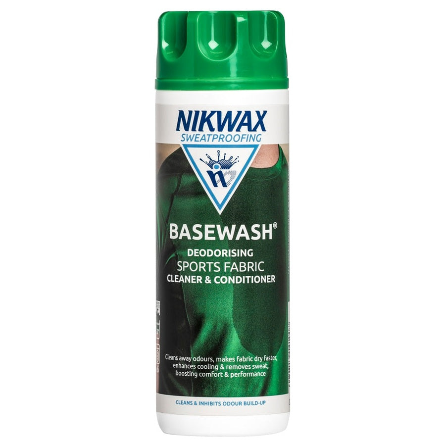 Nikwax Base Wash 300ml for hiking and walking gear, visible bottle with label, designed for cleaning outdoor clothing and equipment.