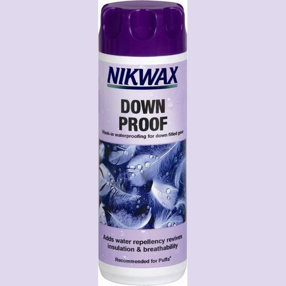Nikwax Down Proof waterproofing treatment bottle for walking and hiking gear, designed to keep down insulated clothing dry.