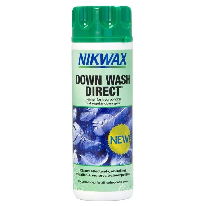 Nikwax Down Wash Direct 300ml bottle for cleaning and restoring down hiking and walking gear, waterproof and breathable.