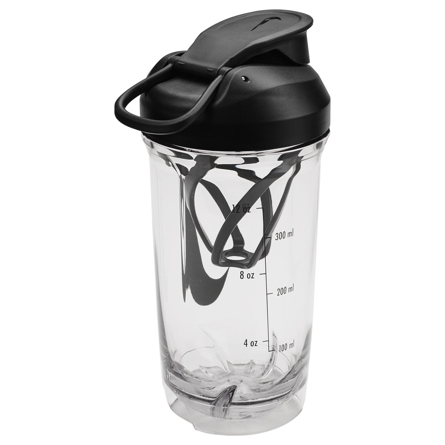Nike TR Recharge 16oz protein shaker bottle showing a durable plastic container with a secure lid and mixing ball, ideal for fitness.