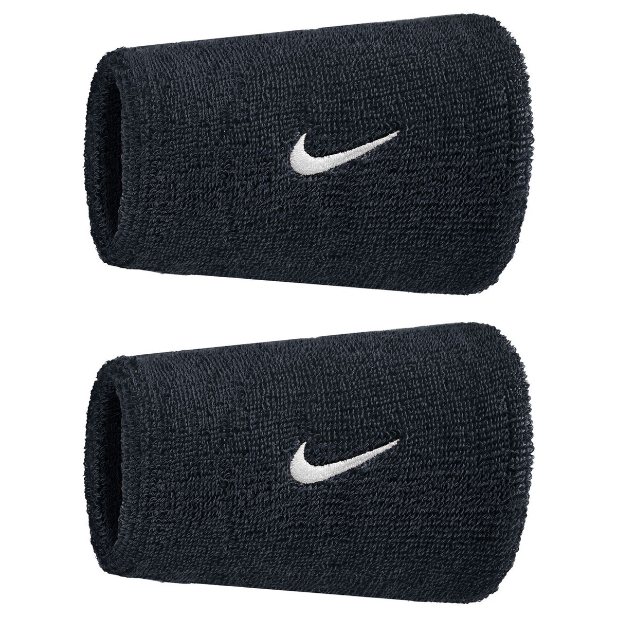 Nike Classic Doublewide Swoosh wristband in black and white, wide sports wristband with Nike logo on the fabric.