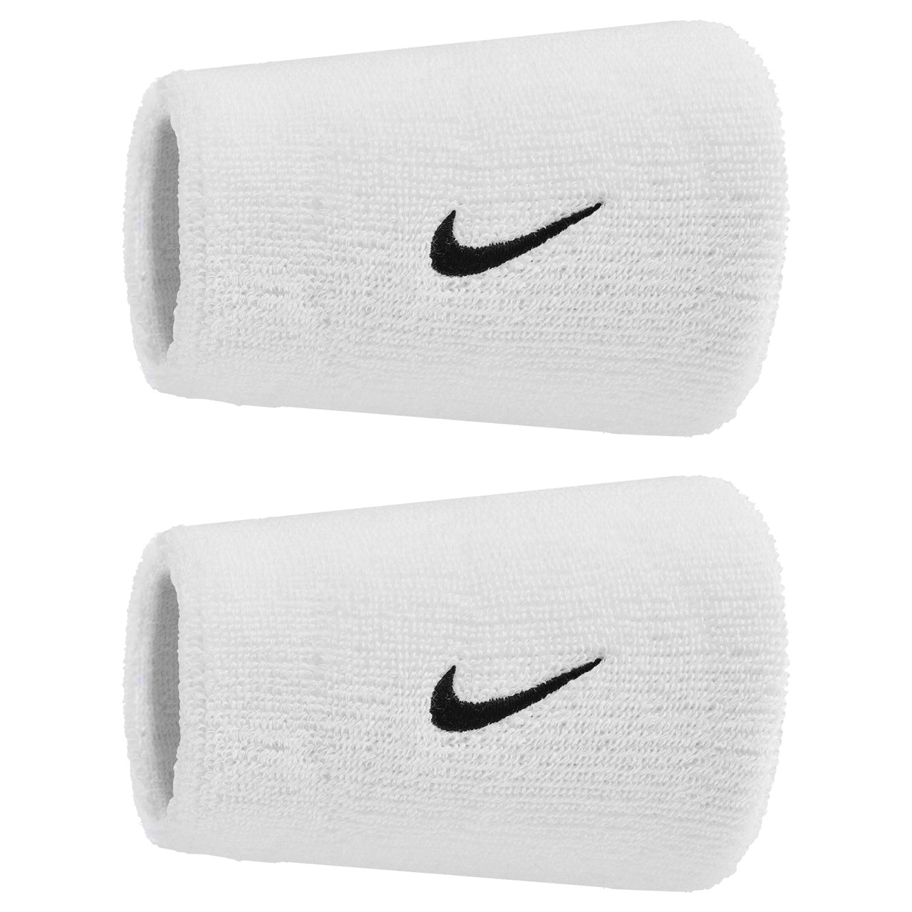 Black and white Nike Classic Doublewide Swoosh wristband showing the wide wristband design and Nike logo on the fabric.