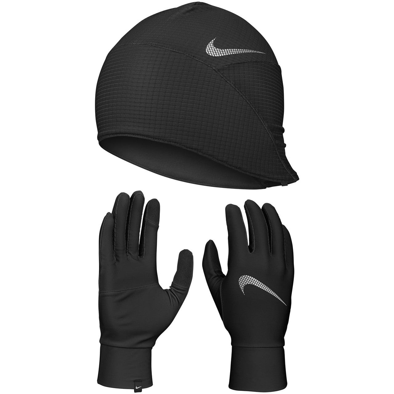 Nike men's winter running hat and gloves set, including a black knit hat and matching gloves for cold weather exercise