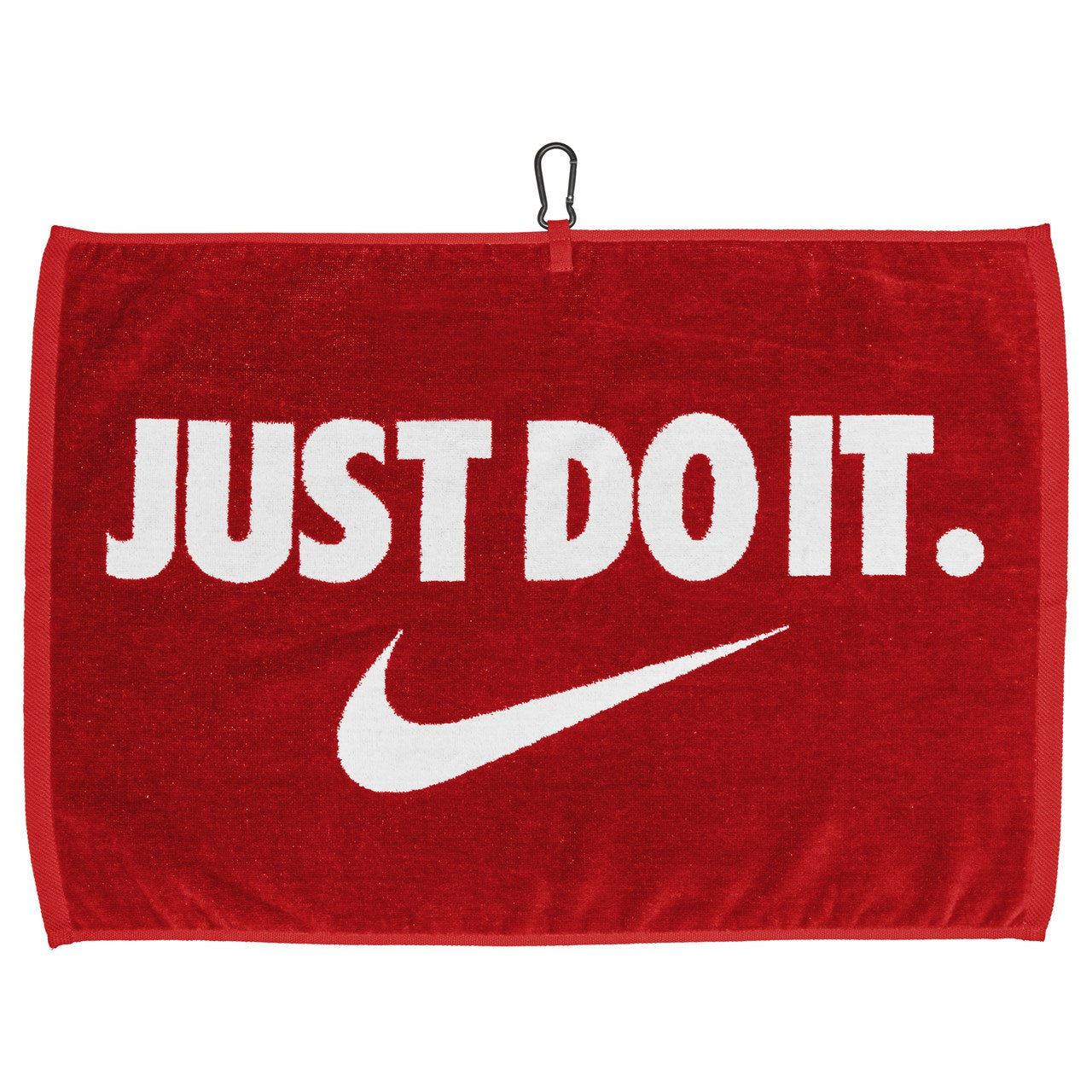 Nike performance golf towel with Nike logo, featuring soft absorbent fabric and a convenient clip for golf accessory use.