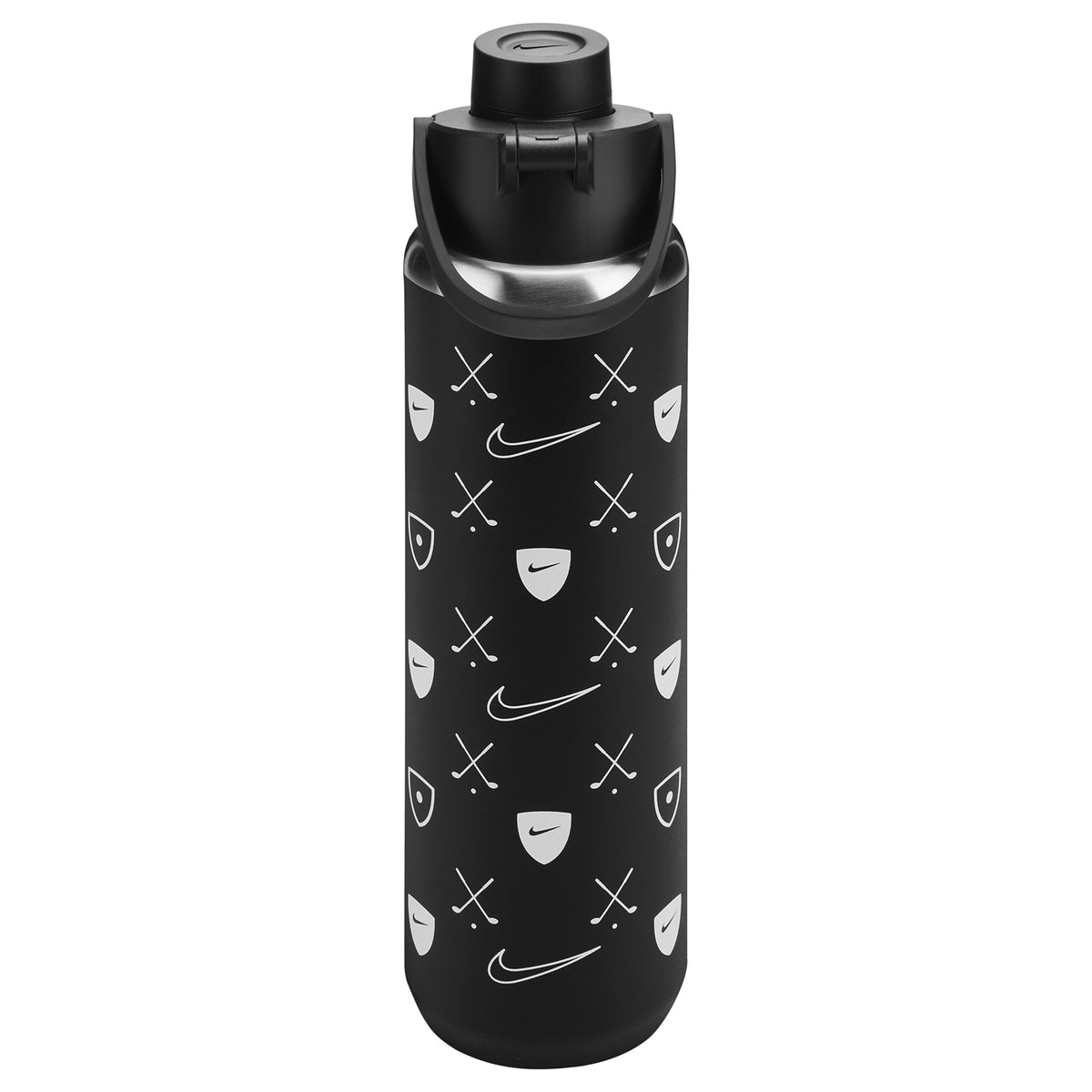 Nike SS Recharge Chug Bottle 24oz sports water bottle with a black lid and clear body, designed for active hydration.