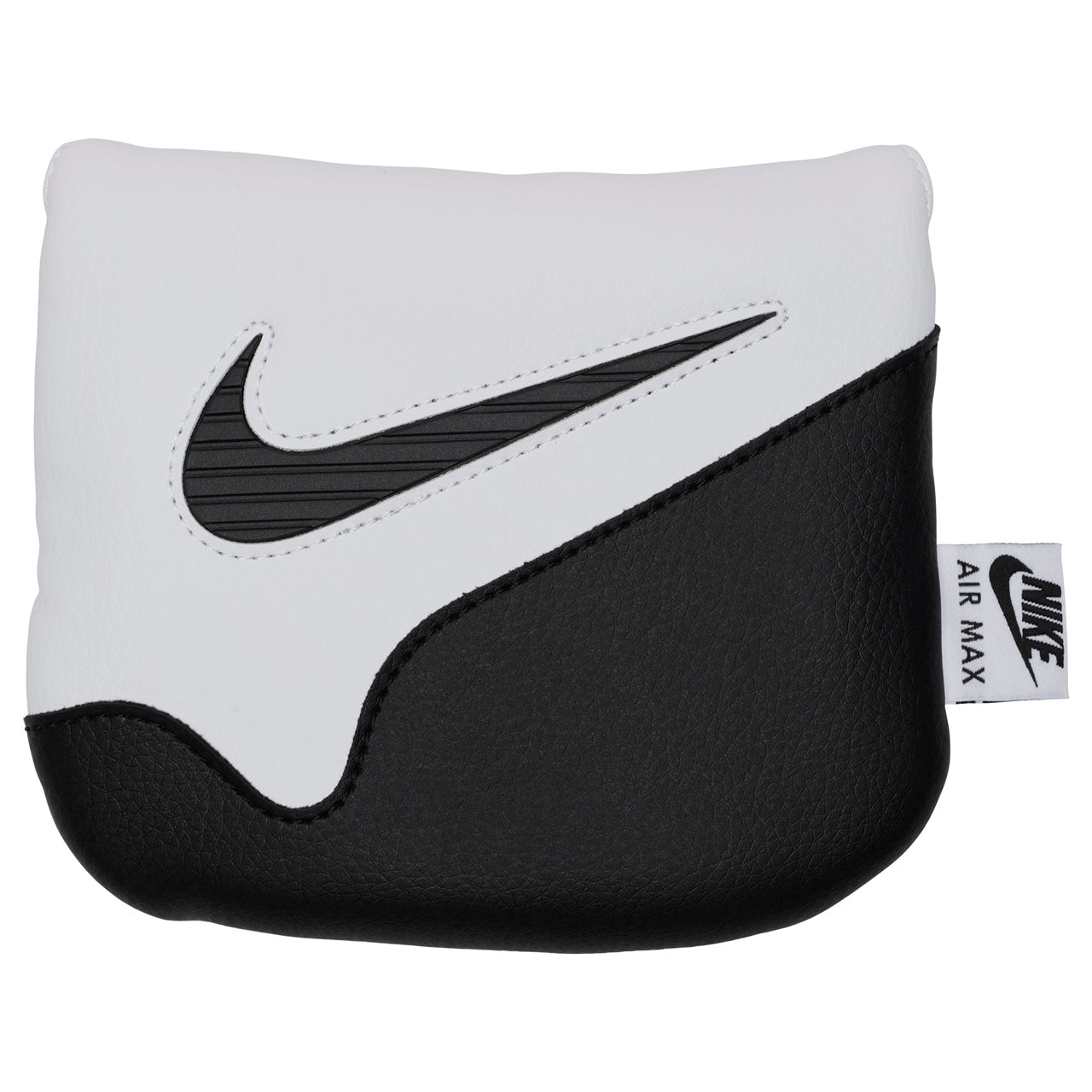 Nike Icon Mallet Putter Headcover in pink, white, and black for golf clubs, featuring Nike branding and protective padding.