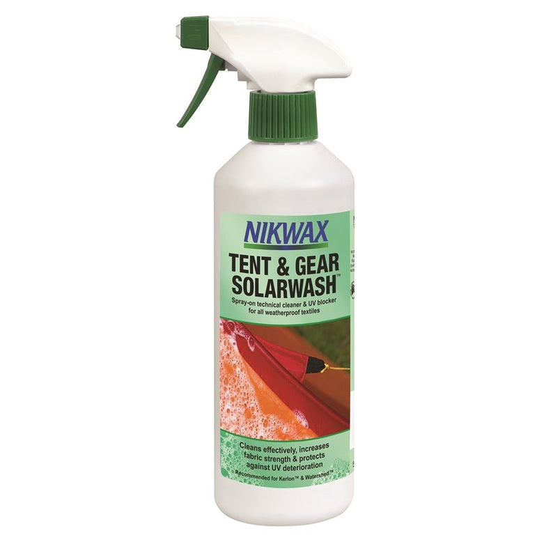 Nikwax Tent and Gear Solar Wash 500ml bottle, outdoor gear cleaning solution for hiking and camping equipment.
