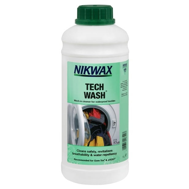 Nikwax Tech Wash 1.0 Litre bottle for walking and hiking gear cleaning, showcasing the product with a clean label and packaging.