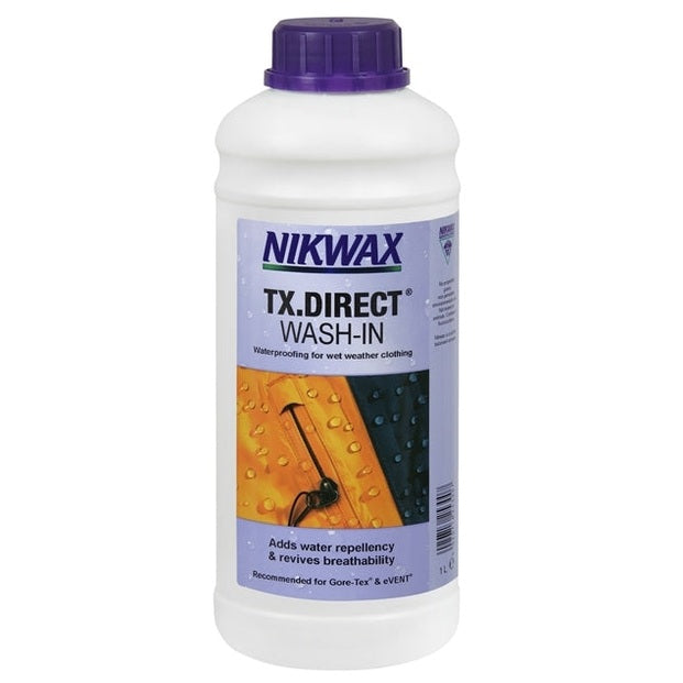 Nikwax TX Direct Wash-In 1L bottle for waterproofing hiking and walking gear, shown in the image.