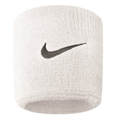 Nike sports sweat wristband with iconic swoosh logo, designed for athletic use and moisture absorption during workouts.